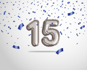 Happy 15th birthday with realistic foil balloons text on silver background and blue confetti. Set for Birthday, Anniversary, Celebration Party. Vector stock.