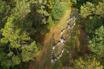 Aerial view of the bronze age  Rannarve four interconnected stone ships located near Klintehamn in the Swedish province of Gotland.