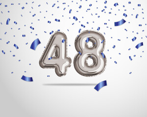 Happy 48th birthday with realistic foil balloons text on silver background and blue confetti. Set for Birthday, Anniversary, Celebration Party. Vector stock.