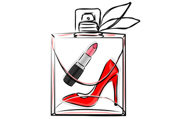 Fashionable vector illustration. An image of a transparent perfume bottle with lipstick and red high-heeled shoes inside. Glamorous sketch of women's fashion
