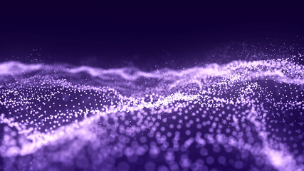 Futuristic illustration with explosion of data. Abstract background with glowing particles. Digital moving wave. 3d rendering.