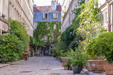 Fototapeta na wymiar Paris, France - June 24, 2020: Passage Lhomme, one of the romantic courtyards in the East of Paris, France. These bucolic, unusual and hidden spots are delightful gems to explore