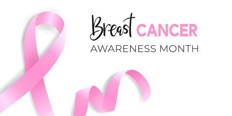 Breast cancer pink ribbon awareness month with hand drawn lettering. Concept of healthcare and illness prevention. Vector illustration of banner design template