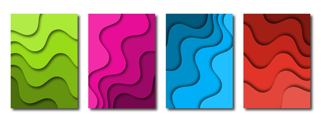 Set of cover templates in papercut style. Wavy gradient shapes with shadow. Background for use on posters, banners, invitations, advertising brochures. Vector stock illustration