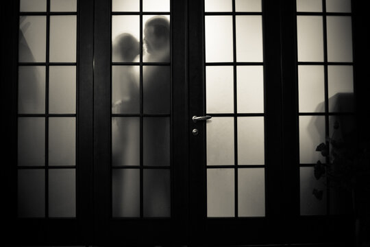 shadow man and woman behind glass. silhouette of bride and groom kissing behind glass. love story in black and white. wedding day