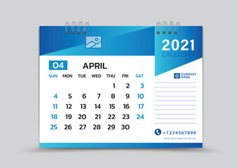 April month template, Desk Calendar 2021 Creative design can be place photo and logo, Week starts on Sunday, vector for calendar 2021 template, Blue gradient background