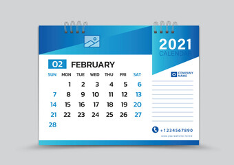 February month template, Desk Calendar 2021 Creative design can be place photo and logo, Week starts on Sunday, vector for calendar 2021 template, Blue gradient background