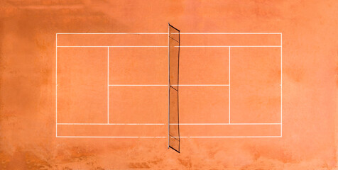 View from above, aerial view of an empty clay court. A clay court is a tennis court that has a...