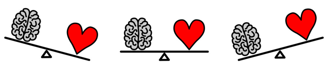 Cute Kawaii style brain and heart on seesaw weight scales, balanced or one side heavier version, emotions and rational thinking conflict concept - obrazy, fototapety, plakaty
