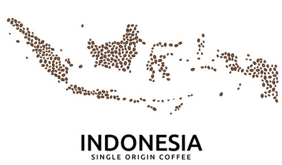 Shape of Indonesia map made of scattered coffee beans, country name below