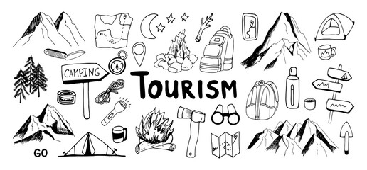 Huge hand drawn vector camping and mountain clip art set. Isolated on white background drawing for prints, poster, cute stationery, travel design. High quality illustrations