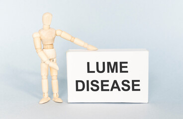 Close-up of a wooden man holding a sign with the text Lyme disease