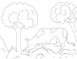 cow grazing and trees coloring page for kids. You can print it on an 8.5x11 inch page	
