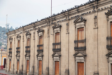 Pigeons on the roof and windows of a colonial building in the city park in cloudy day - Quetzaltenango Guatemala