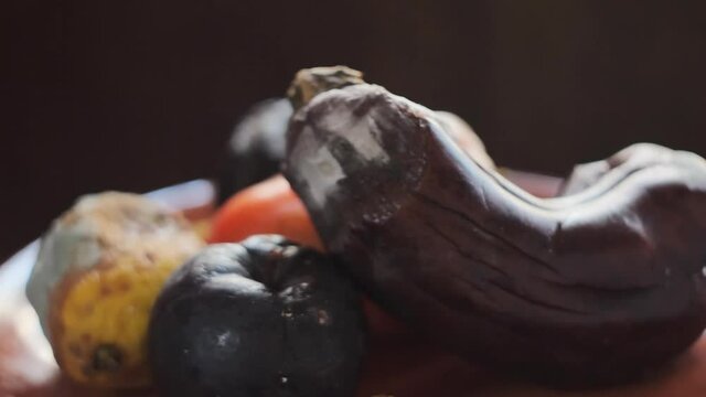 Rotten Organic Food, Spoiled Fruits And Vegetables: Lemon, Apples, Red Pepper, Eggplant, Tomatoes. Close Up Indoor Shot With Seamless Loop Rotation