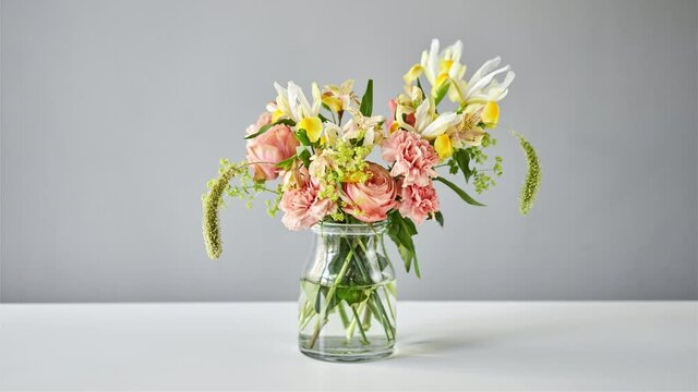 Stop motion. Bouquet 005, step by step installation of flowers in a vase. Flowers bunch, set for home. Fresh cut flowers for decoration home. European floral shop. Delivery fresh cut flower.