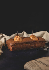 Homemade vegan chocolate cake with poached pears.