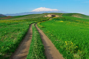 Rural Landscape Of Sicily In Spring With Long And Winding Dirt Road Travel Green Field And Abandoned Farm House Around Etna Mount Snow Covered