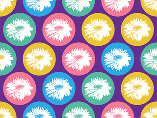 Geometric seamless pattern with silhouettes of flowers Chrysanthemum in form of circle different colors. pop art design in flat style for home textile, package, bedding, ceramic tile, napkins.