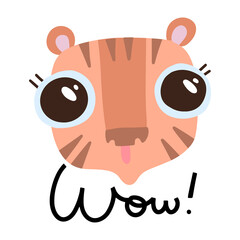 Cute tiger head with big eyes on white background. Hand drawn decorative vector lettering - Wow. Kids print for posters, postcards, t-shirt design.