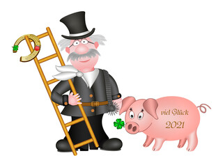 Viel Glück 2021, Schornsteinfeger mit Glücksschwein, freigestellt, weißer Hintergrund
