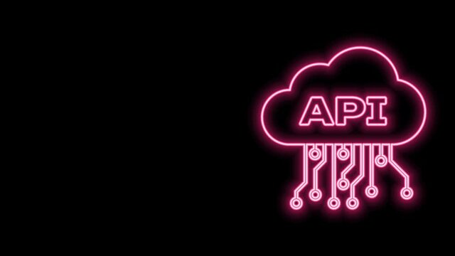 Glowing neon line Cloud api interface icon isolated on black background. Application programming interface API technology. Software integration. 4K Video motion graphic animation