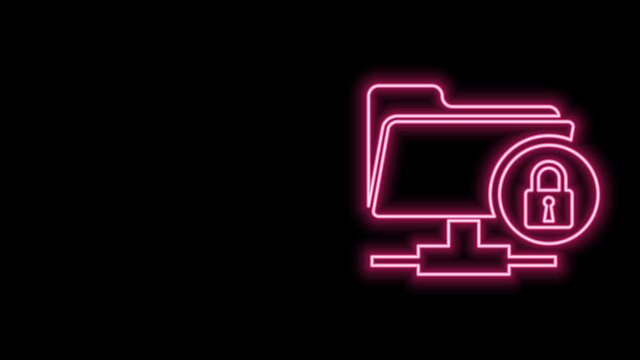 Glowing neon line FTP folder and lock icon isolated on black background. Concept of software update, ftp transfer protocol. Security, safety, protection concept. 4K Video motion graphic animation