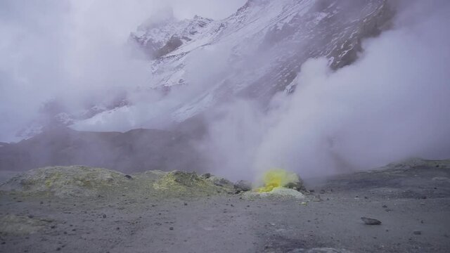 Smoking fumaroles at the top of the Mutnovsky volcano on the Kamchatka Peninsula