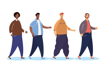 group of interracial men walking characters