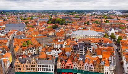 Fototapeta na wymiar Bruges, Flanders, Belgium, Europe - October 1, 2019. Autumn scenery of medieval world heritage city, Bruges (Brugge) from the Belfry tower aerial view