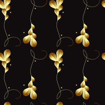 Seamless Pattern With Stylized Gradient Gold Leaves On A Black Background