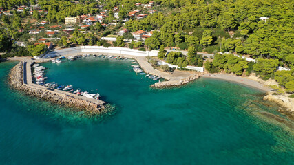Fototapeta premium Aerial drone photo of beautiful seaside village and turquoise beach of Porto Germeno, Corinthian gulf, West Attica, Greece