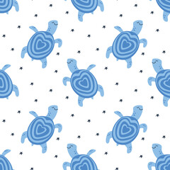 Vector seamless pattern of handdrawn cute turtle with heart shape shell on the white background with stars. Concept for kids textile design