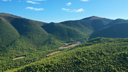 Fototapeta premium Aerial drone photo of beautiful mountainous landscape in West Attica next to famous mountain of Pateras, Greece