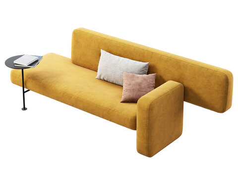 Modern yellow fabric modular sofa with pillows and books. 3d render