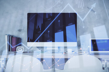 Multi exposure of stock market chart drawing and office interior background. Concept of financial analysis.