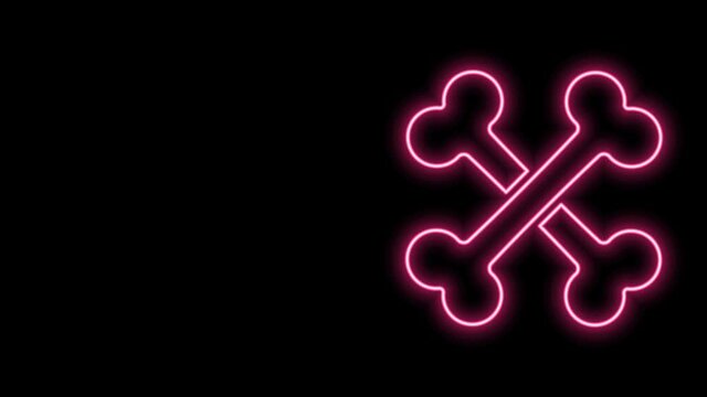 Glowing neon line Crossed bones icon isolated on black background. Pets food symbol. 4K Video motion graphic animation