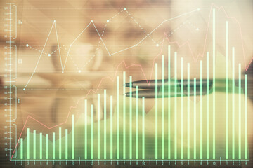 Double exposure of forex chart over coffee cup background in office. Concept of financial analysis and success.