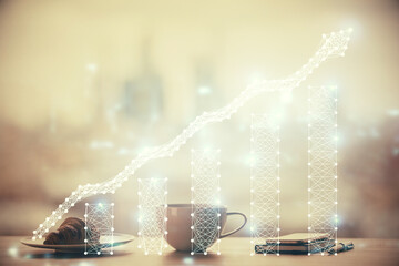 Double exposure of forex chart over coffee cup background in office. Concept of financial analysis and success.