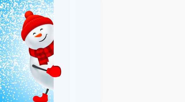 Snowman holding a white blank banner with copy space. Horizontal Christmas background, with Santa Claus, and a clean billboard on a blue snowy background. Vector design for Xmas, and New Year.