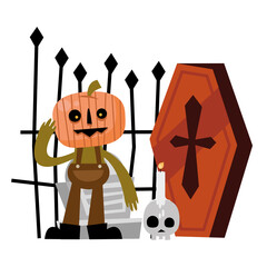 halloween pumpkin cartoon grave and coffin vector design