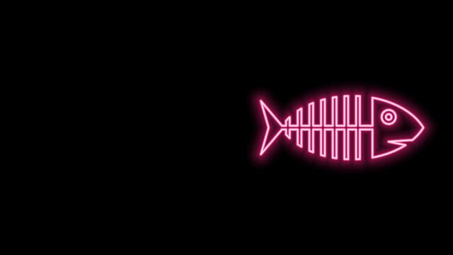 Glowing neon line Fish skeleton icon isolated on black background. Fish bone sign. 4K Video motion graphic animation