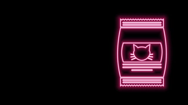 Glowing neon line Bag of food for cat icon isolated on black background. Food for animals. Pet food package. 4K Video motion graphic animation