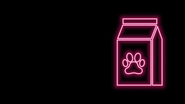 Glowing neon line Bag of food for pet icon isolated on black background. Food for animals. Pet food package. Dog or cat paw print. 4K Video motion graphic animation