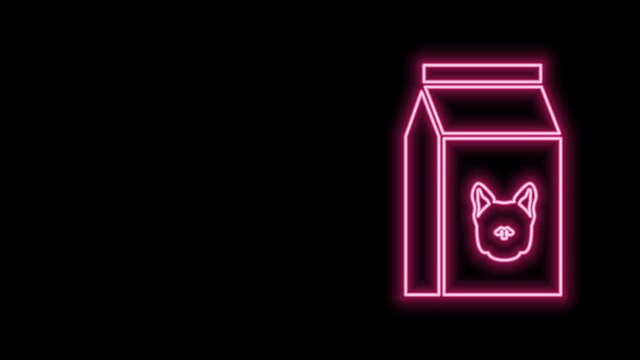 Glowing neon line Bag of food for dog icon isolated on black background. Food for animals. Pet food package. 4K Video motion graphic animation