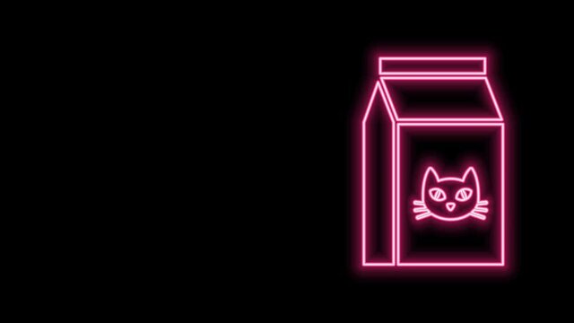 Glowing neon line Bag of food for cat icon isolated on black background. Food for animals. Pet food package. 4K Video motion graphic animation