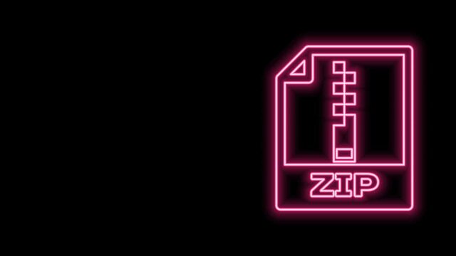 Glowing neon line ZIP file document. Download zip button icon isolated on black background. ZIP file symbol. 4K Video motion graphic animation