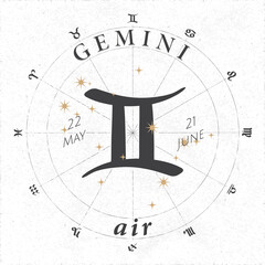 Zodiac Sign Gemini Logo and Air Lettering with Gemini Constellation Stars and Dates in Zodiac Circle - Black and Beige Elements on White Rough Paper Background - Vintage Graphic Design