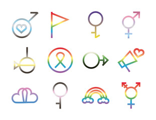 bundle of twelve gender symbols of sexual orientation degradient style icons