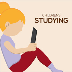 Isolated girl read childrens studying school cartoon - Vector